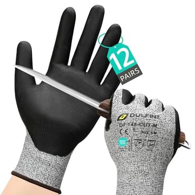 DULFINE A3 Cut Resistant 12 Pairs Pack Work Gloves for Men & Women Grey M