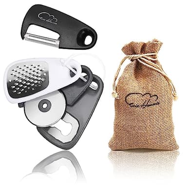 5 Pieces Kitchen Gadgets Set - Space Saving Cooking Tools Accessories Cheese Chocolate Grater, Fruit Vegetable Peeler, Bottle Opener, Pizza Cutter, Burlap Bags with Drawstring Gift Set