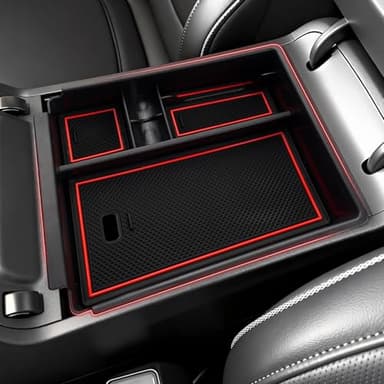 Autorder Center Console Organizer for 2022-2026 Hyundai Santa Cruz Accessories Car Armrest Storage Box Middle Console Tray Container with Black & Red Non-Slip Silicone Mats
