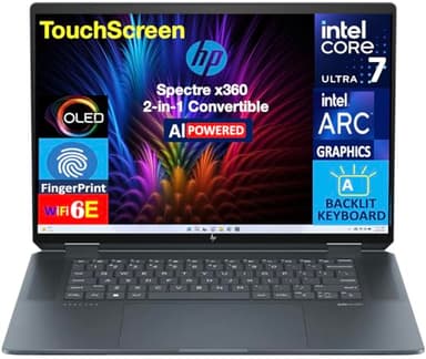 HP Spectre x360 AI Powered 2-in-1 Laptop 16.0" Touchscreen OLED 2.8K Display (Intel Ultra 7-155H, 32GB LPDDR5X, 512GB PCIe SSD, Backlit KB, Fingerprint, Win 11 Pro) (Renewed)