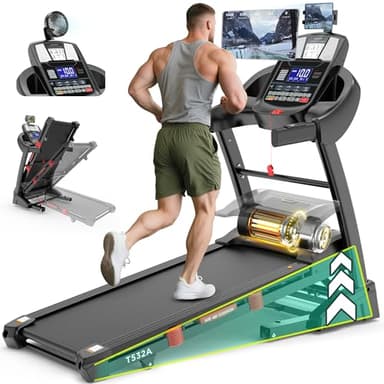 Treadmill with 15% Auto Incline 400lbs Capacity, 5.1HP Folding Treadmill Running Machine for Home with Safety Handle, 0.6-10MPH, App Scene Simulation, 18" Wide Deck, Bonus Fan & Knee Support