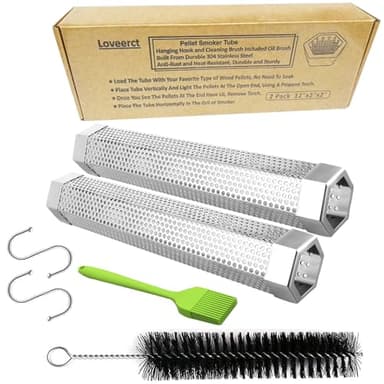 2 Pack 12" Smoker Tube, Pellet Smoker Tube Stainless Steel for BBQ Grill - 5 Hours Billowing Smoke for Hot/Cold Smoking Cheese, Meat, Fish, Hexagon Design, Includes Hooks, Basting & Cleaning Brushes