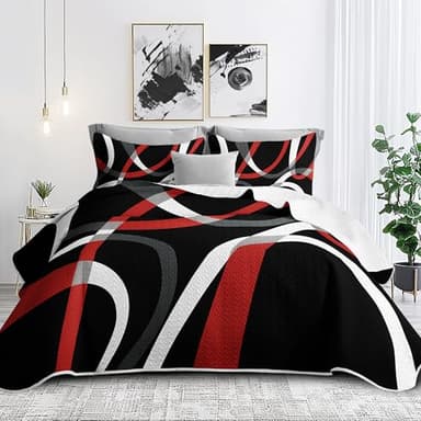 Black and Red Bedding King Size with 2 Shams, Modern Stripe Comforter Sets Classic Line Pattern Bedspreads Grey and Red Coverlet, 96''x106''