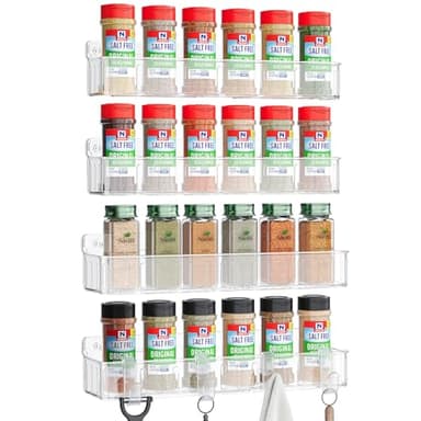 Nieifi Spice Rack Wall Mount, 4 Pack, Clear, Screw or Adhesive Installation, Spice Rack Organizer for Your Kitchen Cabinet or Pantry Door