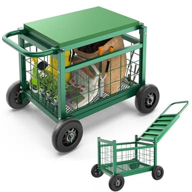 FLINTER Rolling Garden Work Seat with Wheels, Upgraded Heavy Duty Gardenning Cart with Seat - Garden Rolling Stools with Wheels for Seniors, Lawn, Patio & Backyard Gardening, Green
