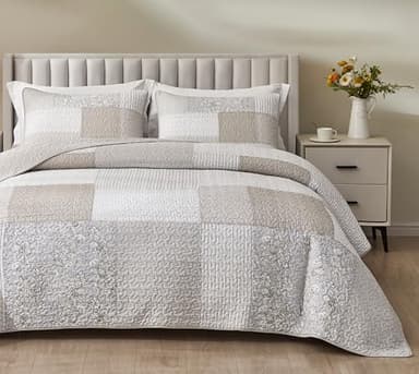 Chezmoi Collection Quinn 3-Piece Neutral Taupe Gray White Floral Hibiscus Flower Candy Stripe Patchwork Quilt Set - Pre-Washed Cotton Coverlet - Lightweight Reversible Bedspread, King Size