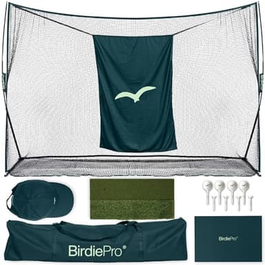 BirdiePro® - American Pro Golf Practice Net – 10x7ft Heavy Duty Golf Hitting Net with EchoShield™ Target & FlexWeave™ Net - Indoor Outdoor Training Backyard, Garage Complete Set with Mat, Balls & Cap