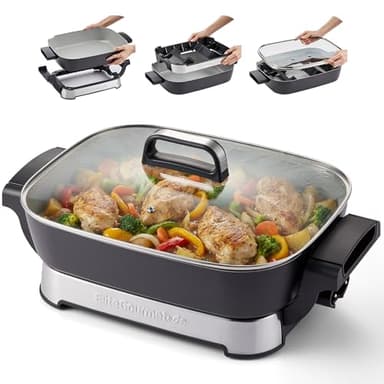 Elite Gourmet 15" x 12" x 3" Stow-Away Foldable Electric Skillet, Ceralast™ PFAS Free Ceramic, 1500W Rapid Heat, Dishwasher Safe Pan & Lid, Black/Grey
