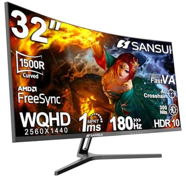 SANSUI 32-Inch Curved Gaming Monitor WQHD 2560 x 1440 180Hz Curved 1500R -Fast VA,1ms(OD), HDR, 300nits, sRGB 125%, DCI-P3 95%, FreeSync, HDMI x2, DP1.4x2(DP Cable Included)