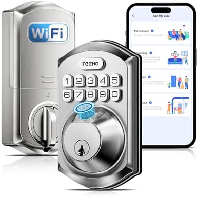 TEEHO TE012W WiFi Smart Lock, Fingerprint Door Lock with Built-in Wi-Fi, Keyless Entry Keypad Smart Deadbolt, App Remote Control, Alexa Compatible, IP55 Waterproof for Front Door – Satin Nickel
